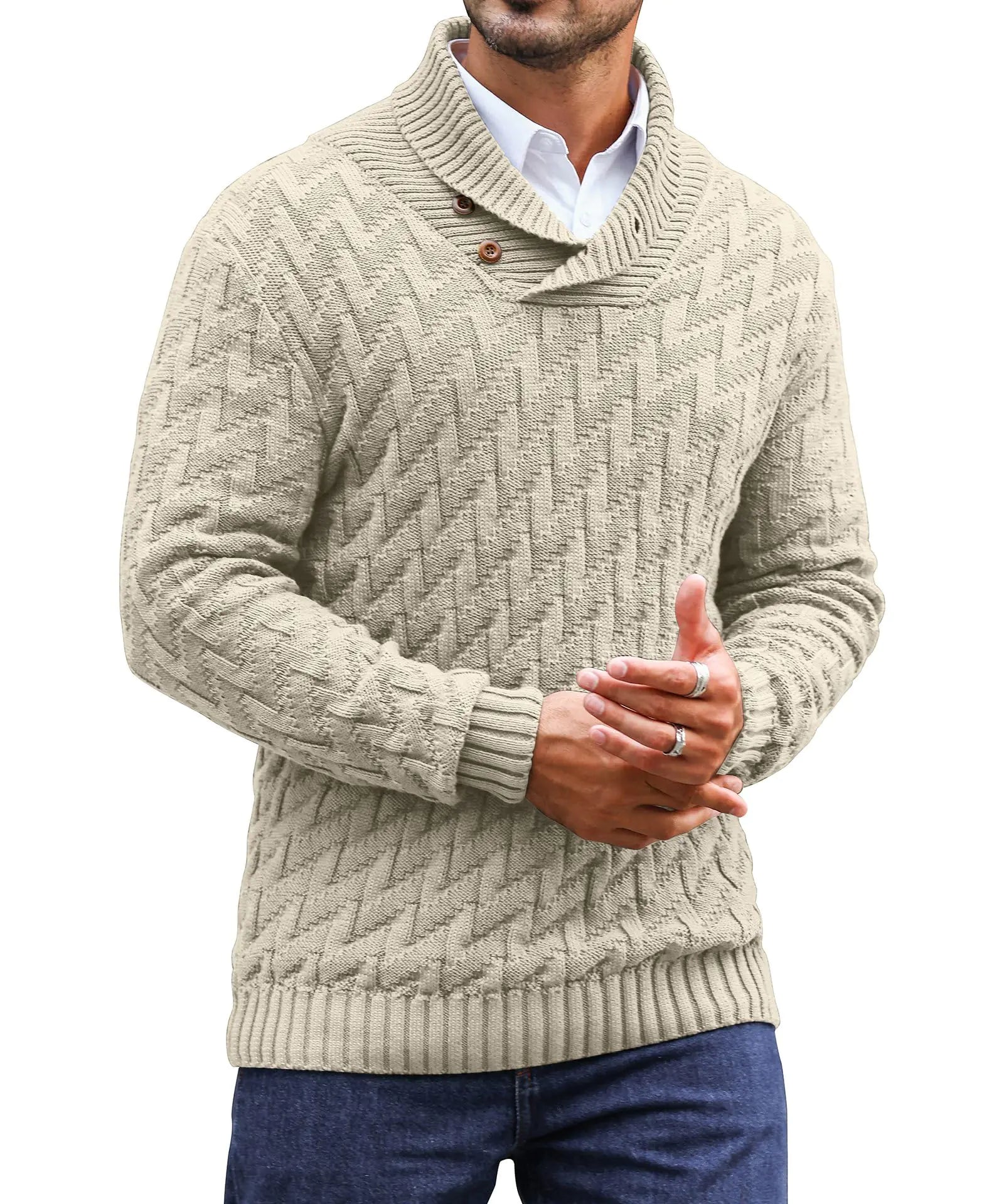 KAVIANA Men’s Khaki Cable Knit Sweater with Stylish Shawl Collar