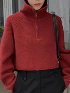 Women’s Quarter Zip Knit Sweater – Cropped Pullover