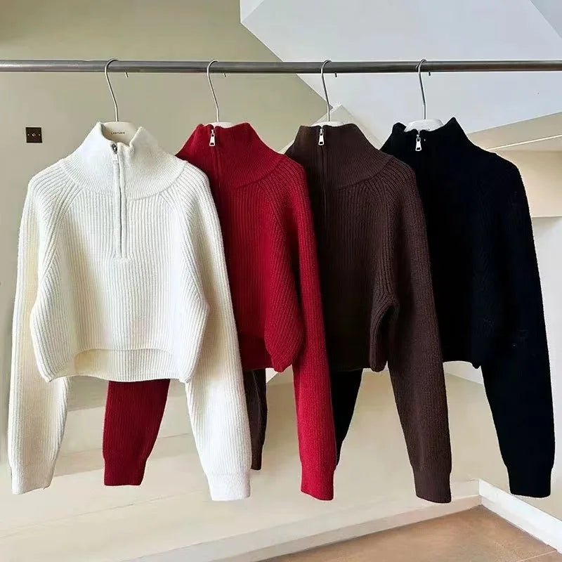 Women’s Quarter Zip Knit Sweater – Cropped Pullover