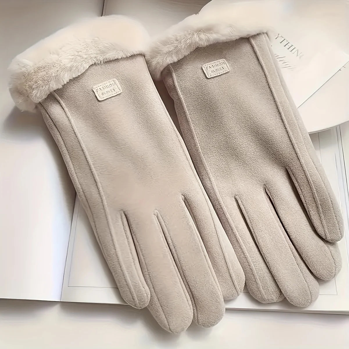 Comfortable beige gloves with plush lining