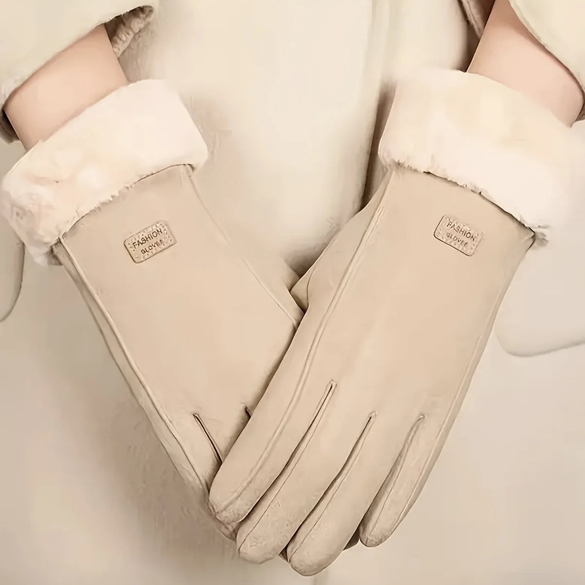 Comfortable beige gloves with plush lining