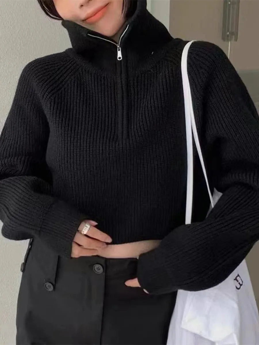Women’s Quarter Zip Knit Sweater – Cropped Pullover