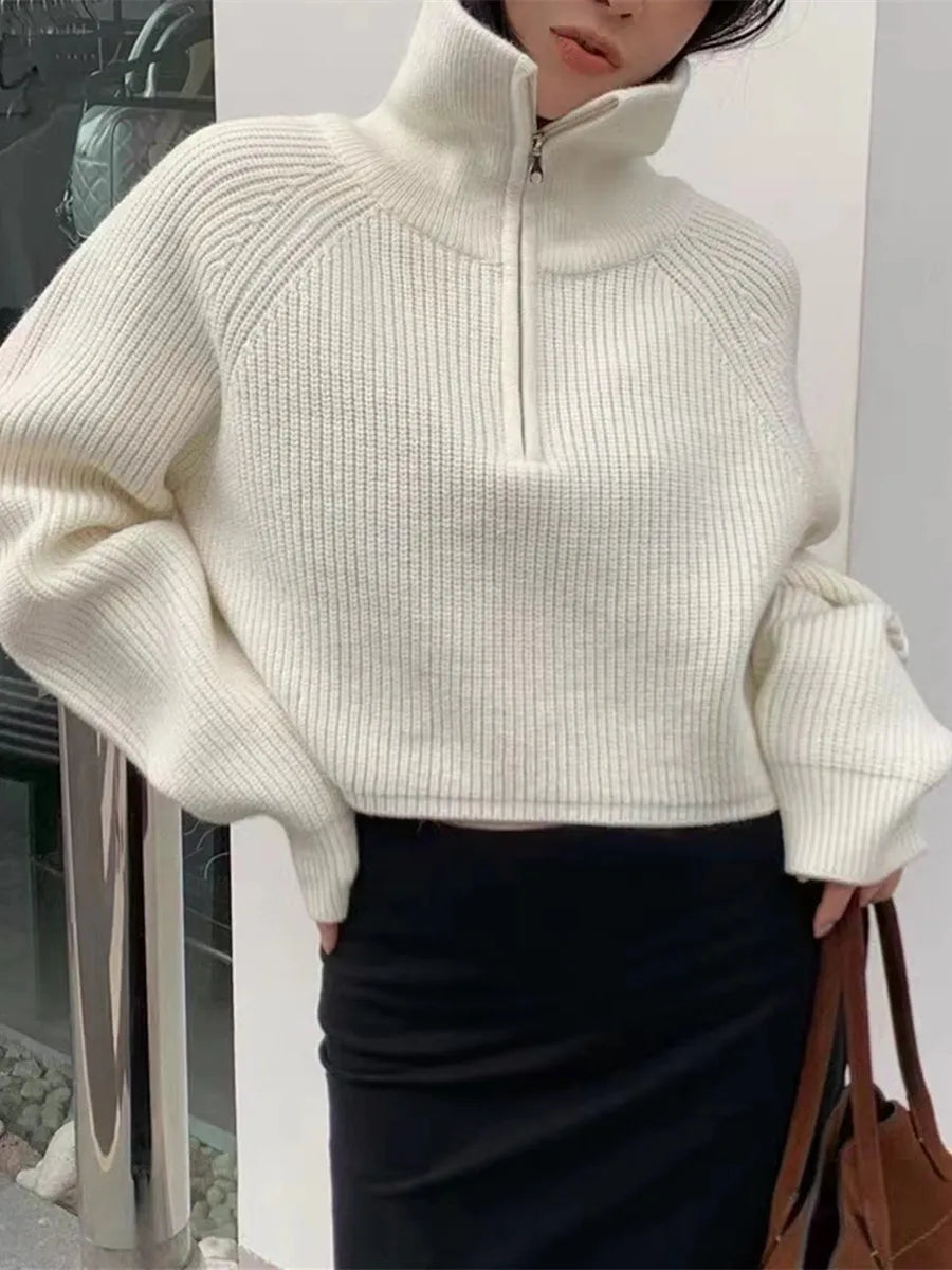 Women’s Quarter Zip Knit Sweater – Cropped Pullover