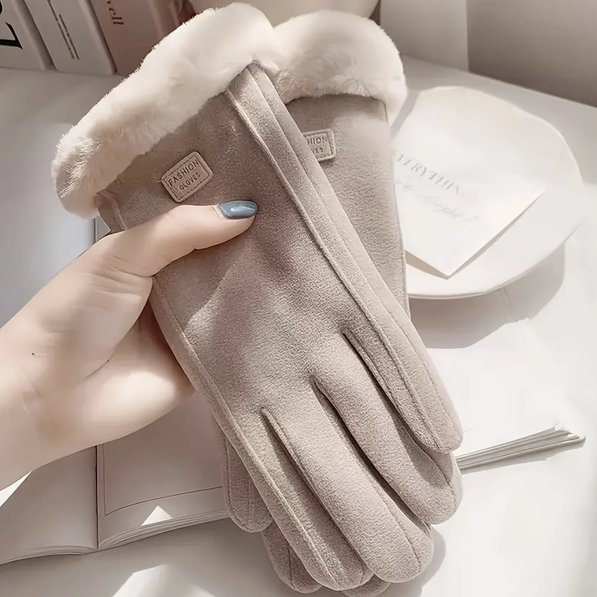 Comfortable beige gloves with plush lining