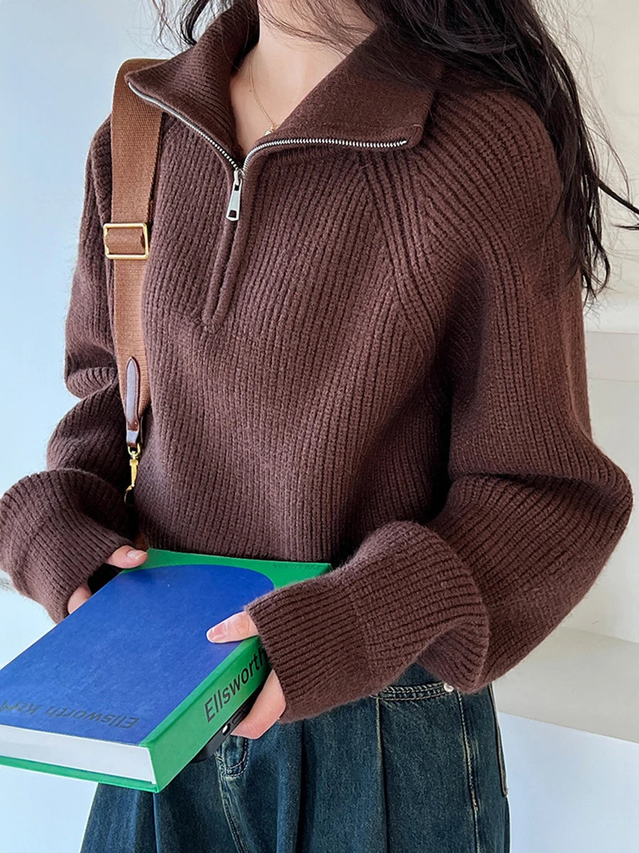 Women’s Quarter Zip Knit Sweater – Cropped Pullover
