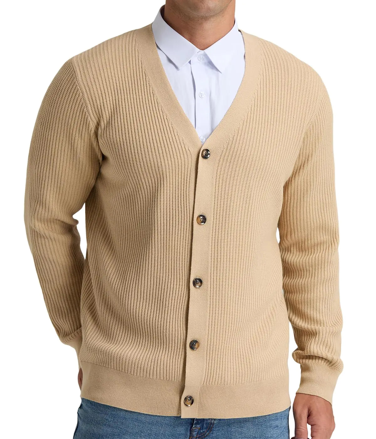 V-Neck Button-Down Men's Cardigan - Beige XL